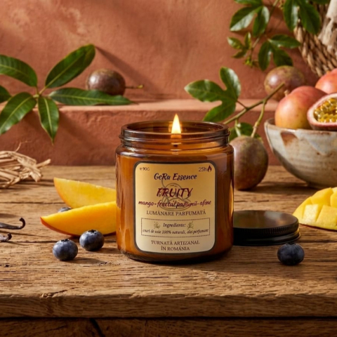 Lumanari parfumate - Lumanare parfumata din soia, GeRa Essence, Fruity - Fructul pasiunii, mango, afine, parfum fructat, handmade, ceara naturala, ardere 25h, 90 g