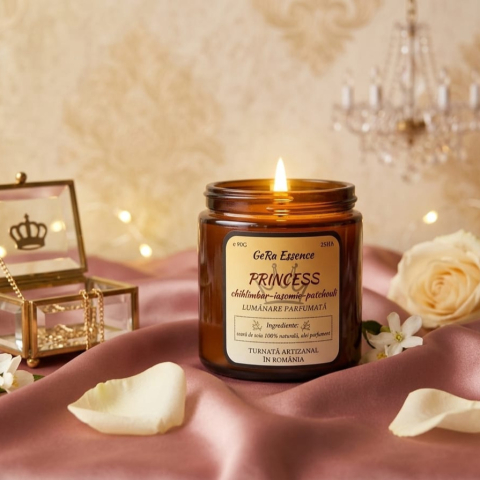 Lumanari parfumate - Lumanare parfumata din soia, GeRa Essence, Princess - Chihlimbar, Iasomie, Patchouli, parfum senzual, feminin, handmade, ceara naturala, ardere 25h, 90 g