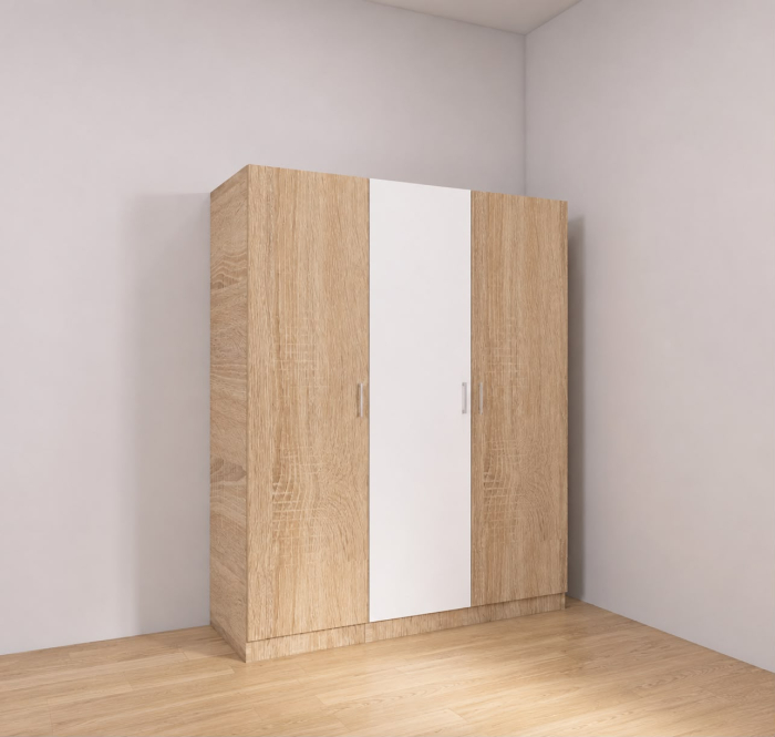 Dulap 3 usi cu rafturi si bara haine, H200 x A50 x L120 cm, Culoare Stejar Sonoma/Alb , Pal 18mm [2]
