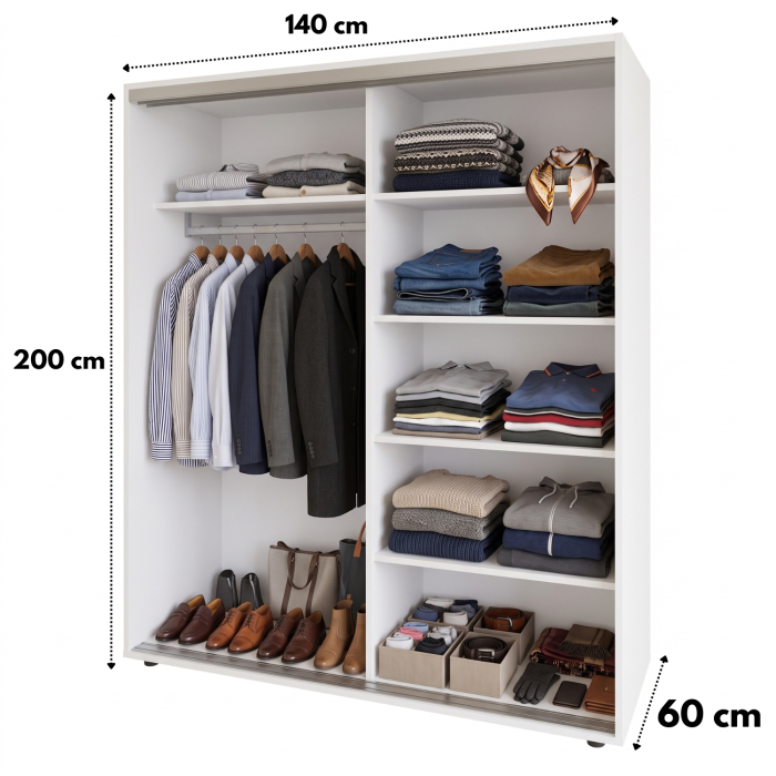 Dulap usi Culisante cu Oglinda, H200 x A60 x L140 cm, Pal 18mm, Culoare ALB [3]