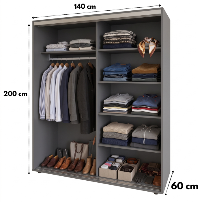 Dulap usi Culisante cu Oglinda, H200 x A60 x L140 cm, Pal 18mm, Culoare Gri Antracit [2]
