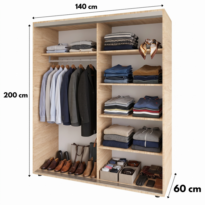 Dulap usi Culisante cu Oglinda, H200 x A60 x L140 cm, Pal 18mm, Culoare Sonoma [3]