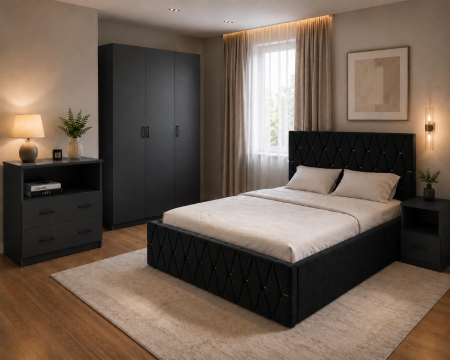 DORMITOR COMPLET - Dormitor Lisa cu Dulap 3 usi 200x120 , Comoda , Pat Tapitat si 2 noptiere