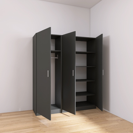 Dulapuri - Dulap 3 usi cu rafturi si bara haine, H200 x A50 x L120 cm, Culoare Gri Antracit, Pal 18mm