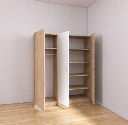 Dulapuri - Dulap 3 usi cu rafturi si bara haine, H200 x A50 x L120 cm, Culoare Stejar Sonoma/Alb , Pal 18mm