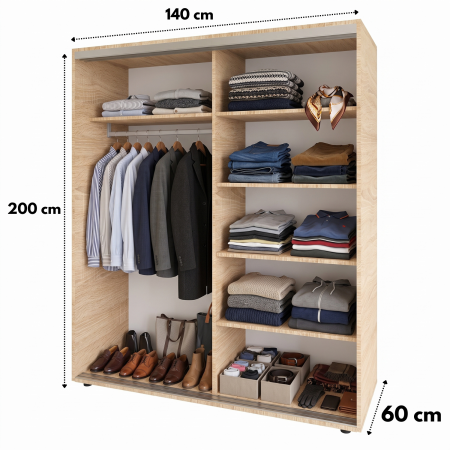 Dulap usi Culisante cu Oglinda, H200 x A60 x L140 cm, Pal 18mm, Culoare Sonoma [2]