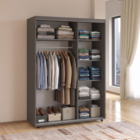 DULAP USI CULISANTE - Dulap usi Culisante cu Rafturi, H200 x A60 x L120 cm, Pal 18mm, Culoare Gri Antracit