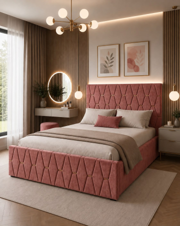 Paturi Tapitate - Pat Dormitor Tapitat, Culoare Roz,  160X200 Cm, Suport Saltea Inclus