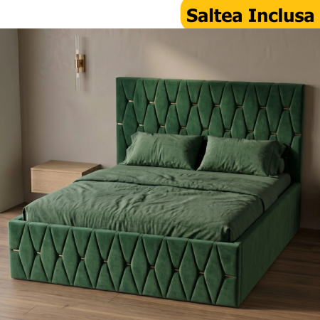Paturi Tapitate - Pat Tapitat 120 x 200 cm, Culoare Verde, Saltea Inclusa
