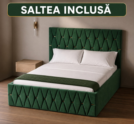 Paturi Tapitate - Pat Tapitat 120 x 200 cm, Culoare Verde, Saltea Inclusa