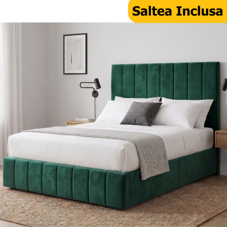 Paturi Tapitate - Pat Tapitat 160 x 200 cm, Culoare Verde, Saltea Inclusa