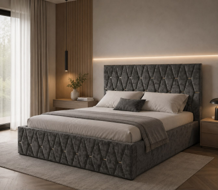 Paturi Tapitate - Pat Dormitor Tapitat, Culoare Gri,  160X200 Cm, Suport Saltea Inclus Pal 18mm