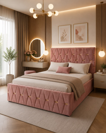 Paturi Tapitate - Pat Dormitor Tapitat, Culoare Roz,  160X200 Cm, Suport Saltea Inclus Pal 18mm