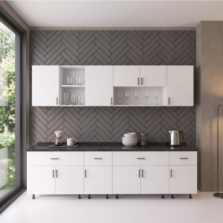 BUCATARII - Set Bucatarie  240 cm, Culoarea ALB, Pal 18mm, Blat Termorezistent Negru  2,8 Grosime