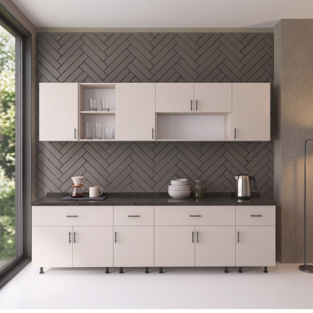 BUCATARII - Set  Bucatarie  240 cm, Culoarea CASMIR, Pal 18mm, Blat Termorezistent Negru  2,8 Grosime