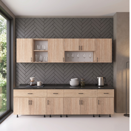BUCATARII - Set  Bucatarie  240 cm, Culoarea Stejar Sonoma, Pal 18mm, Blat Termorezistent Negru  2,8 Grosime