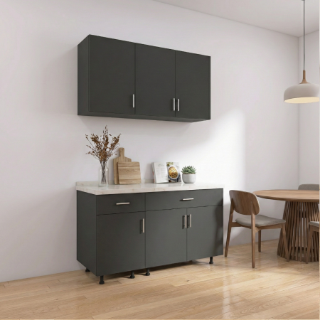 BUCATARII - Set Bucatarie Modulara 120 cm, Culoarea Gri Antracit, Pal 18mm, Blat Termorezistent