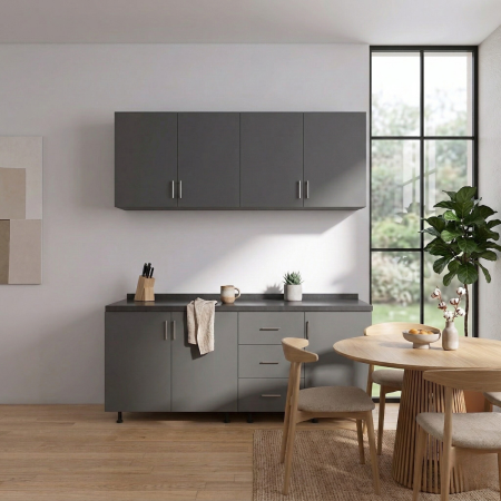 BUCATARII - Set Bucatarie Modulara 160 cm, Culoarea Gri Antracit, Pal 18mm, Blat Termorezistent