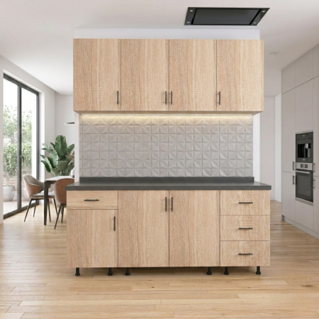 BUCATARII - Set Bucatarie Modulara 160 cm, Culoarea STEJAR SONOMA , Pal 18mm, Blat Termorezistent