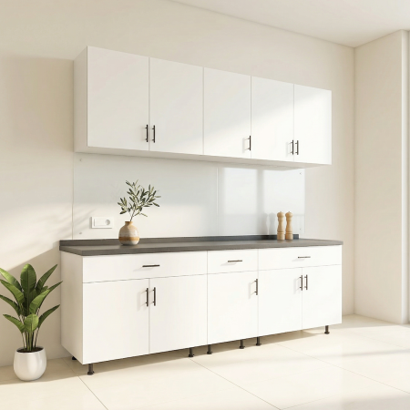 BUCATARII - Set Bucatarie Modulara 200 cm, Culoarea ALB, Pal 18mm, Blat Termorezistent