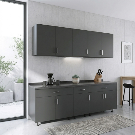 BUCATARII - Set Bucatarie Modulara 200 cm, Culoarea GRI ANTRACIT, Pal 18mm, Blat Termorezistent