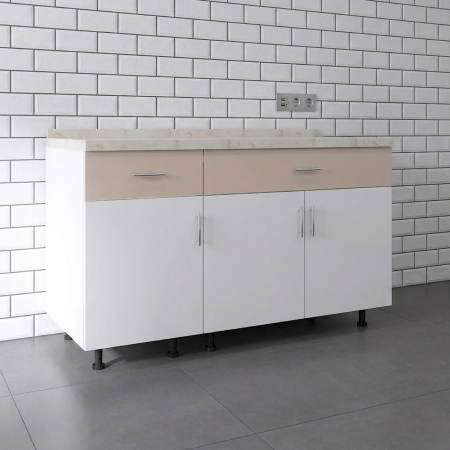 Corpuri Bucatarie - Set Corp Inferior Bucatarie 120cm, Culoarea ALB- CASMIR, Pal 18mm, Blat Termorezistent