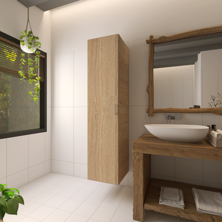 Mobila Baie - Soldat Baie Suspendat, H120 x L30 x A20 cm, Balamale soft close, Culoare Stejar Sonoma, Pal 18mm