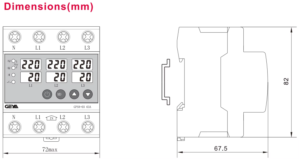 GEYA GPS8-03 4P 63A – releu de protectie trifazat cu afisaj digital, monitorizare tensiune si curent [8]