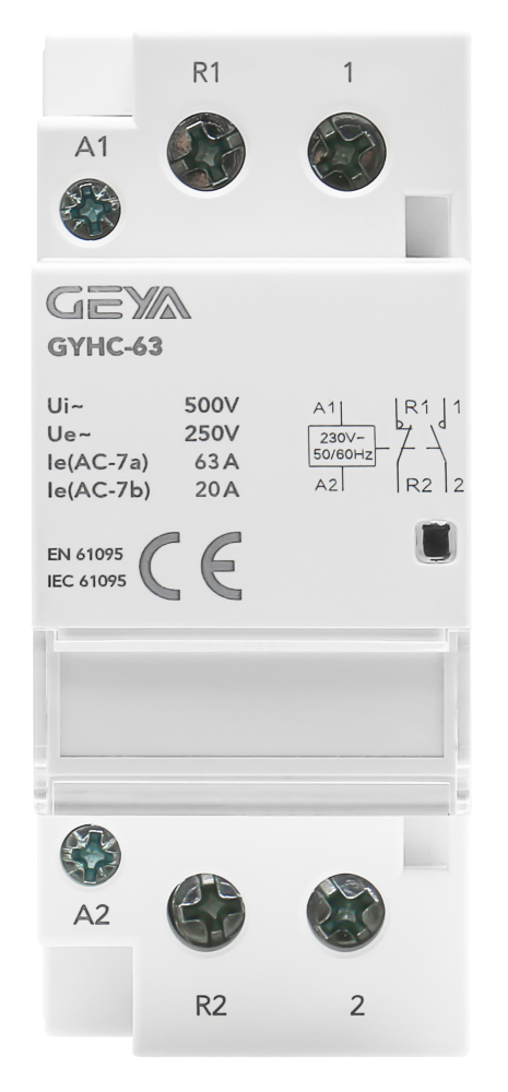 GEYA GYHC-63 - Contactor modular automat 63A, 2P, bobina 230V AC, 1NO + 1NC, montaj pe sina DIN [8]