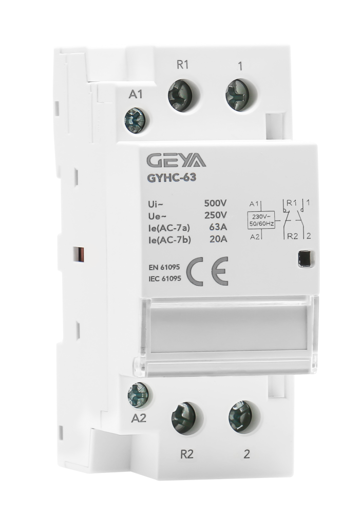 GEYA GYHC-63 - Contactor modular automat 63A, 2P, bobina 230V AC, 1NO + 1NC, montaj pe sina DIN [7]