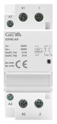GEYA GYHC-63 - Contactor modular automat 63A, 2P, bobina 230V AC, 1NO + 1NC, montaj pe sina DIN [7]