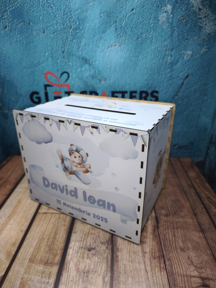 Cutie personalizată pentru bani botez baiat– model delicat, tipar UV, reutilizabilă ca pusculiță [5]