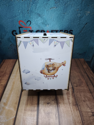 Cutie personalizată pentru bani botez baiat– model delicat, tipar UV, reutilizabilă ca pusculiță [1]