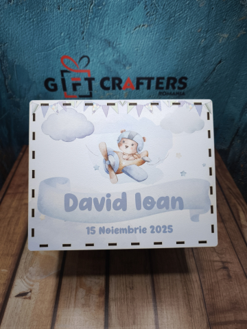 Casute bani - Cutie personalizată pentru bani botez baiat– model delicat, tipar UV, reutilizabilă ca pusculiță