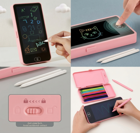 Cadouri Interactive - Penar roz 2 în 1 pentru copii cu tabletă de scris LCD cu stylus și buton de ștergere