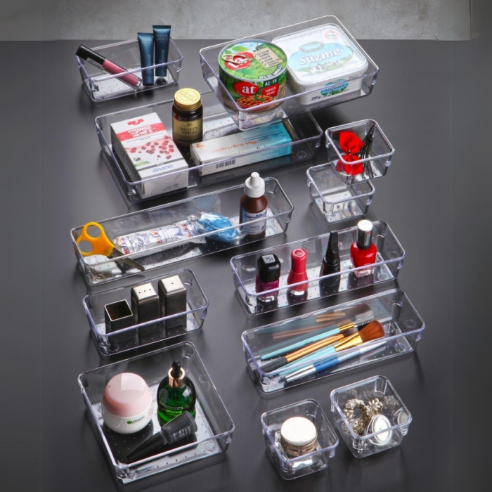 Set 12 piese Organizator Sertare, de 5 marimi diferite, din Acril, Transparent [5]