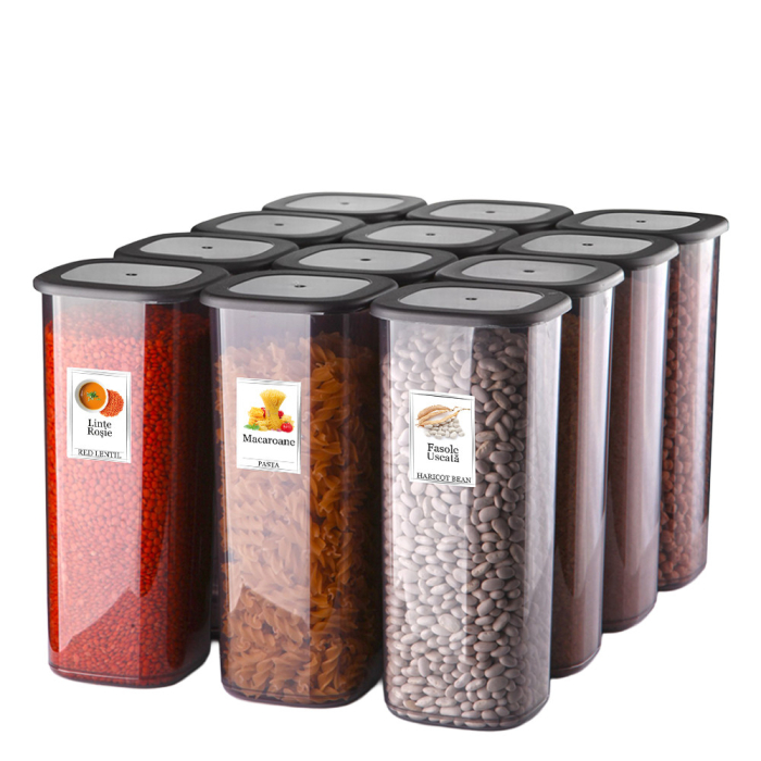 Set 12 Recipiente Alimentare de 1750 ml pentru Frigider, Congelator, Dulap sau Camara, potrivit pentru Cuptor cu Microunde, cu 24 etichete adezive, Culoare Antracit, Capac Patrat [8]