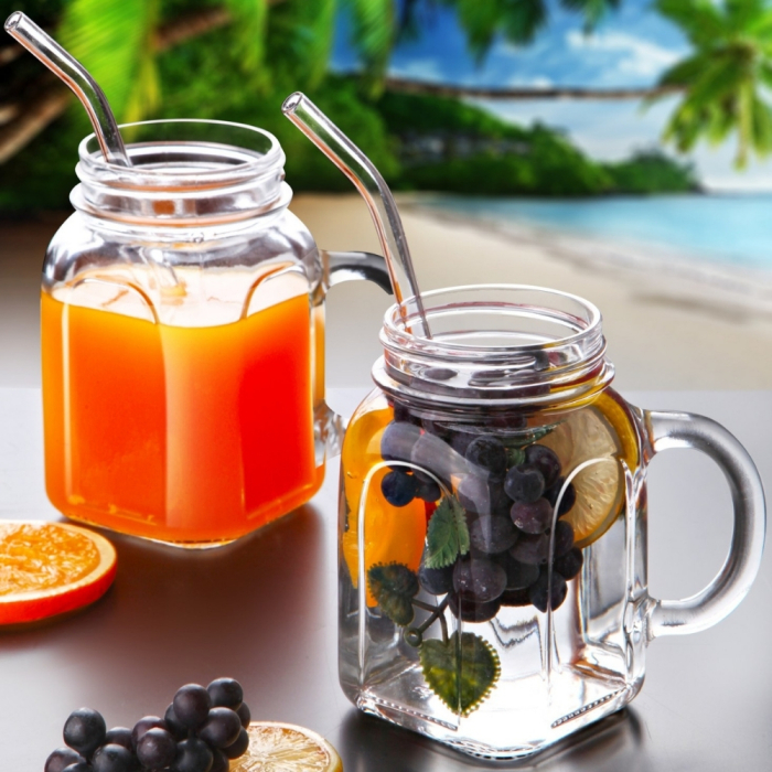 Set 2 Pahare tip borcan, din sticla, cu maner, pentru limonada, bauturi racoritoare, cocktail, halba bere [3]