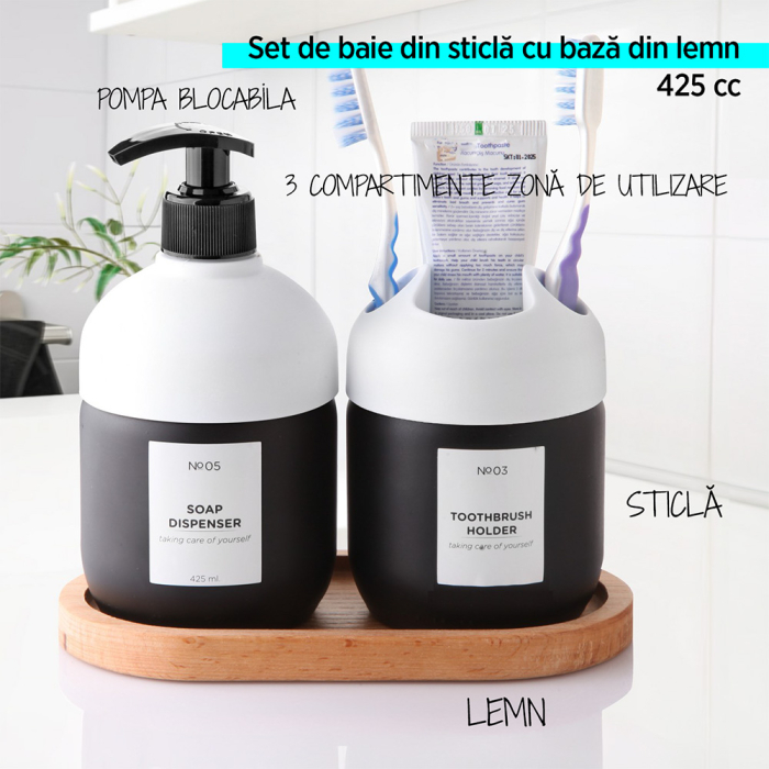 Set dispenser sapun lichid si suport periuta de dinti,Sticla, cu pompa si tava din lemn, reutilizabile, detergent de 425 ml pentru baie, hotel, Alb [3]