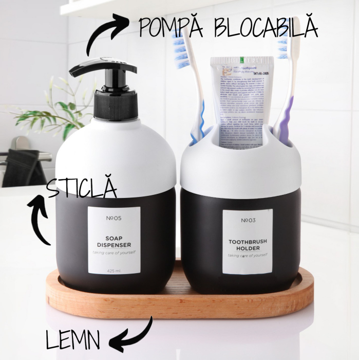 Set dispenser sapun lichid si suport periuta de dinti,Sticla, cu pompa si tava din lemn, reutilizabile, detergent de 425 ml pentru baie, hotel, Alb [2]