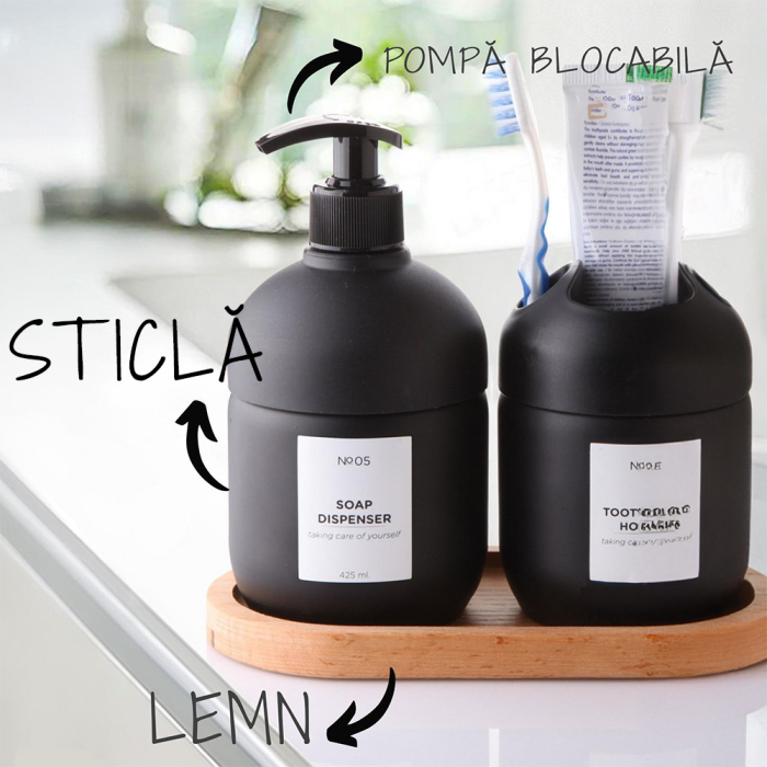 Set dispenser sapun lichid si suport periuta de dinti, Sticla, cu pompa si tava din lemn, reutilizabile, detergent de 425 ml pentru baie, hotel, Negru [3]