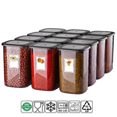 Organizare Alimente - Set 12 Recipiente Alimentare de 1750 ml pentru Frigider, Congelator, Dulap sau Camara, potrivit pentru Cuptor cu Microunde, cu 24 etichete adezive, Culoare Antracit, Capac Patrat
