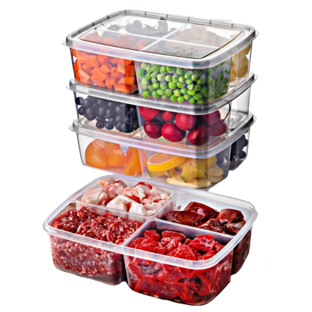 Toate Produsele - Set 4 cutii transparente, fiecare cu 4 compartimente pentru depozitare alimente in bucatarie, frigider, congelator, sau pentru pachet servici