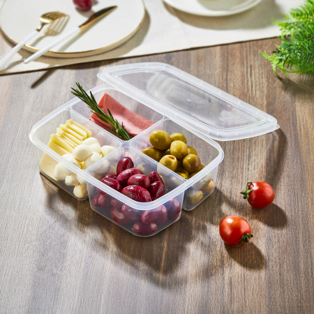 Set 4 cutii transparente, fiecare cu 4 compartimente pentru depozitare alimente in bucatarie, frigider, congelator, sau pentru pachet servici [1]