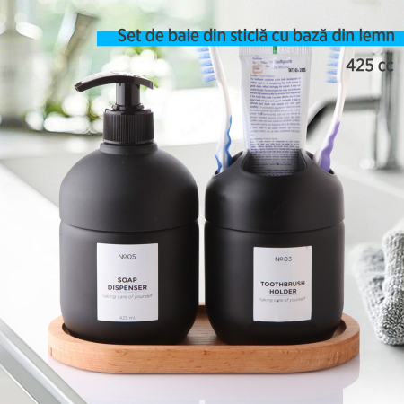 Set dispenser sapun lichid si suport periuta de dinti, Sticla, cu pompa si tava din lemn, reutilizabile, detergent de 425 ml pentru baie, hotel, Negru [1]