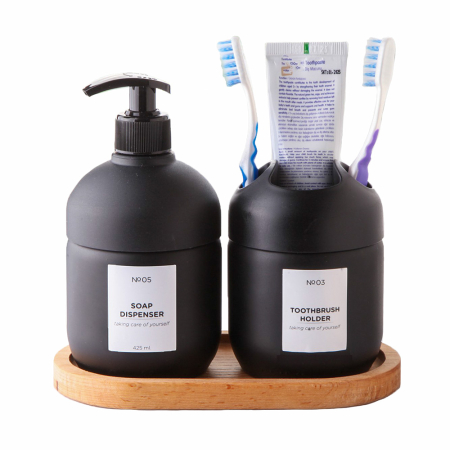 Toate Produsele - Set dispenser sapun lichid si suport periuta de dinti, Sticla, cu pompa si tava din lemn, reutilizabile, detergent de 425 ml pentru baie, hotel, Negru