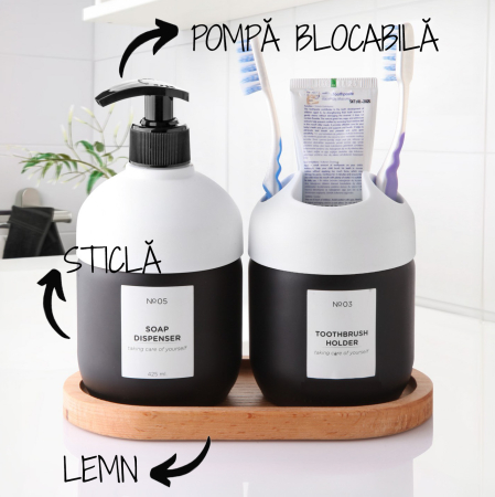 Set dispenser sapun lichid si suport periuta de dinti,Sticla, cu pompa si tava din lemn, reutilizabile, detergent de 425 ml pentru baie, hotel, Alb [1]
