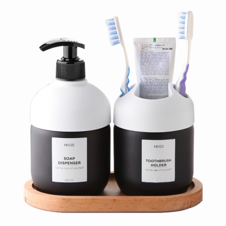 Toate Produsele - Set dispenser sapun lichid si suport periuta de dinti,Sticla, cu pompa si tava din lemn, reutilizabile, detergent de 425 ml pentru baie, hotel, Alb