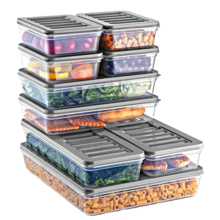 Organizare Alimente - Set Freshbox 9 Cutii alimente, Alb Transparent, Capac Gri