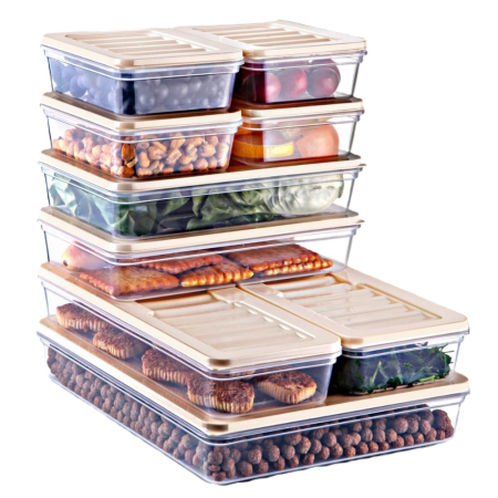 Organizare Alimente - Set Freshbox 9 Cutii alimente, Alb Transparent, Capac Crem